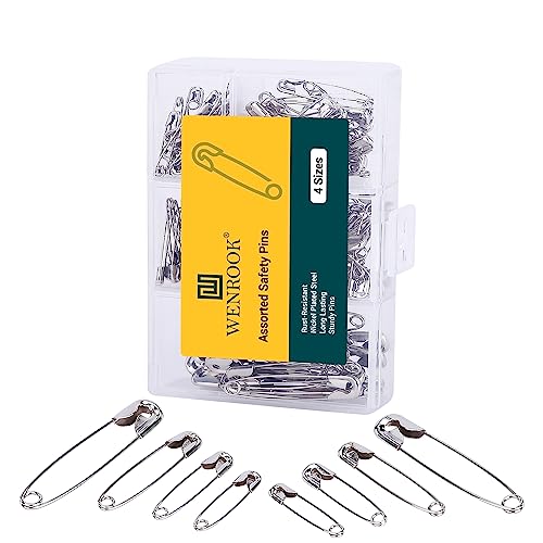 Wenrook 300 Pack Safety Pins, Large & Small Safety Pins for Clothes | 4 Assorted Sizes, Durable Nickel Plated Steel, Safety Pins for Clothes, Crafts, Pinning and More