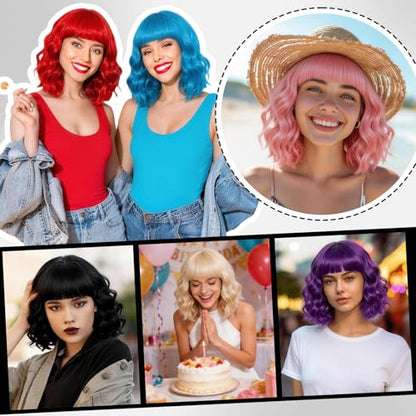Black Wavy Bob Wig with Heart Glasses for Women, Neon Party Hair Replacement Curly Synthetic Wigs Shoulder Length Hair with Hair Cap for Costume Cosplay Bachelorette Party Birthday Fashion Show - color: Black