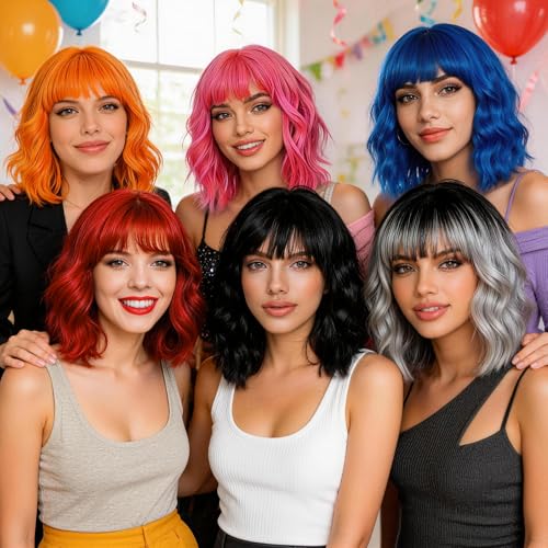Black Wavy Bob Wig with Heart Glasses for Women, Neon Party Hair Replacement Curly Synthetic Wigs Shoulder Length Hair with Hair Cap for Costume Cosplay Bachelorette Party Birthday Fashion Show - color: Black