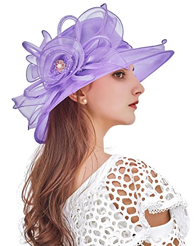 Women Derby Fascinator Hat Organza Church Wedding Hats Wide Brim Cocktail Tea Party Hat - color: 08 Purple