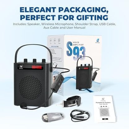 Voice Amplifier with Wireless Microphone & Speaker - Portable Bluetooth PA System, 30W Ultra-Light Rechargeable Hands-Free Megaphone for Teachers, Tour Guides & Outdoor Events - S93 | 2-in-1 Headset & Handheld Mic, Ultra-Light with Shoulder Strap, USB/TF/