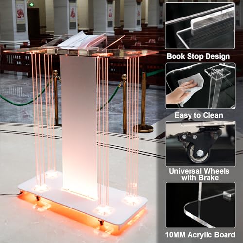 Acrylic Church Pilpits with Wheels, 46'' Church Podium with 15 Colors RGB LED Lights,Podium Stand Lecterns Pulpits for Church, Wedding, Concert Speech, Classroom (40”L*17.7”W *46.6”H) - size: 40”L*17.7”W *46.6”H