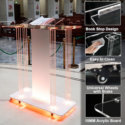 Acrylic Church Pilpits with Wheels, 46'' Church Podium with 15 Colors RGB LED Lights,Podium Stand Lecterns Pulpits for Church, Wedding, Concert Speech, Classroom (40”L*17.7”W *46.6”H) - size: 40”L*17.7”W *46.6”H
