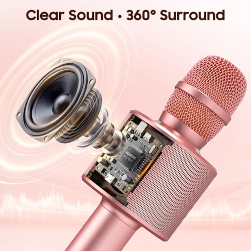 BONAOK Wireless Bluetooth Karaoke Microphone, 3-in-1 Portable Handheld Mic Speaker Machine with Built-in Non-Detachable Battery, for All Smartphones, Gifts to Girls, Boys Kids Adults All Age - color: Champagne