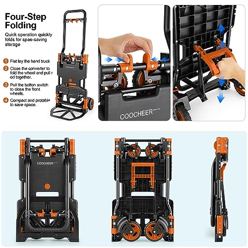 Folding Hand Truck Dolly, 330lb Convertible 4 to 2 Wheel Moving Cart,Orange | Dolly Cart with Retractable, Aluminum Alloy & Cast Iron Build, Nylon Wheels,Compact Fold,for Moving,Office,Delivery,Outdoor - size: 330LB Orange