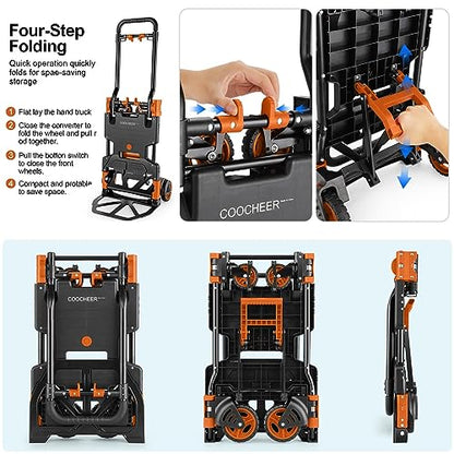 Folding Hand Truck Dolly, 330lb Convertible 4 to 2 Wheel Moving Cart,Orange | Dolly Cart with Retractable, Aluminum Alloy & Cast Iron Build, Nylon Wheels,Compact Fold,for Moving,Office,Delivery,Outdoor - size: 330LB Orange