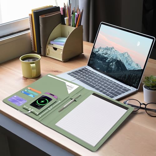 Ospelelf Faux Leather Clipboard with Storage Foldable Clipolio with Notepad 8.5 x 11, Green Business Padfolio Portfolio for Women - color: Green