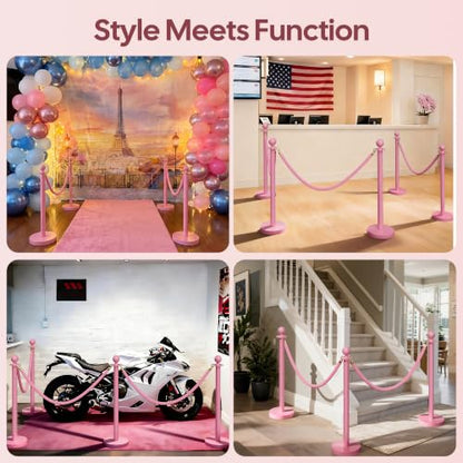 4 Pack Pink Stanchions and Velvet Ropes Set, Stainless Steel Crowd Control Barriers, 3Pcs Pink Ropes and Poles for Party Supplies,Prom,Birthday,Business,Wedding,Baby Shower, Bridal Shower,Anniversary - color: Pink, size: 4pcs