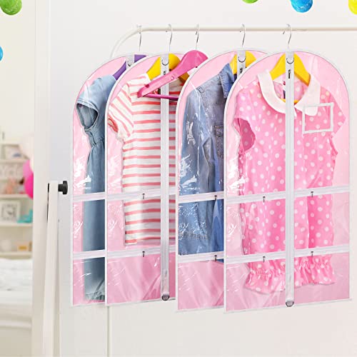 3 Pack Pink Dance Costume Garment Bag for dancers with 4 Zipper Pockets 38 x 22 Inch Kids Wardrobe Storage Bag Clear Window Garment Covers Recital Competition Bags for Girls Boys