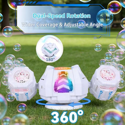Upgraded Mecha Style Bubble Machine, Rechargeable Type-C Powered Bubble Blower with Remote Control, 360° Automatic Rotation & RGB Lights, 35k+ Bubbles/Min, Bubbles for Kids, Parties, Weddings, Outdoor