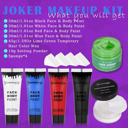 Halloween Joker Clown Makeup Kit,Red White Blue Black Face Body Paint+Lime Green Temporary Hair Dye+Setting Powder+4 pcs sponge,Face Painting for Clown Skull Cosplay Costume SFX Makeup Set - color: Joker makeup kit