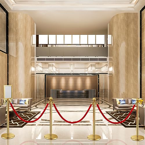 Velvet Ropes and Posts, 4 Stainless Steel Stanchions, Sign Holder, Gold | 2x5 ft Velvet Ropes, Fillable Bases, Sign Holder, Crowd Control Barriers for Red Carpet Events, Hotel, Theater, Weddings - color: Gold