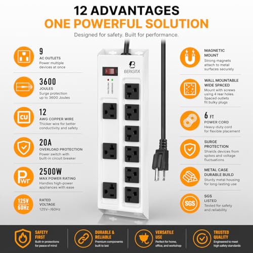 Magnetic Heavy Duty 20A Power Strip with Surge Protector, 9-Outlet Metal Junction Box with 6FT 12/3 Gauge Cord, for Garage, Workshop & Appliance (Silver)