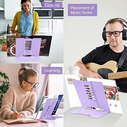 Honagu Metal Desk Book Holder, Hands Free Adjustable Cookbook & Document Holder, Portable Bookstand for Music Books, Textbooks, Recipes, Tablets & iPads (Purple) - color: Purple