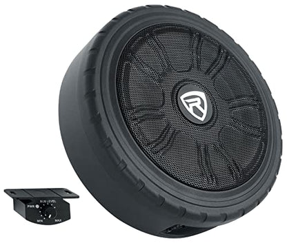Rockville Wheel of BASS 8 Inch Slim Under-Seat Powered Truck/Car Subwoofer | 500W Peak, 125W RMS, Cast Aluminum, Metal Bass Knob, Auto Turn-On, High/Low Level Inputs, MOSFET