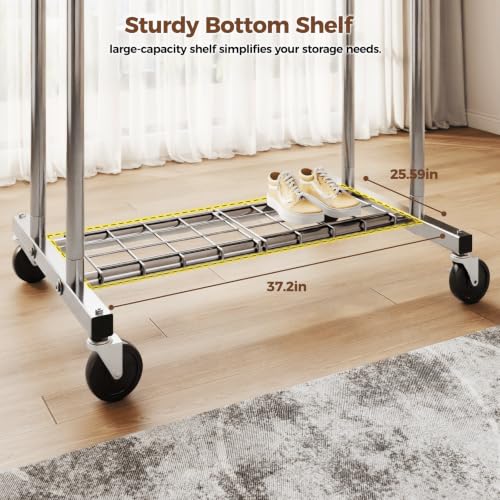 HYSEYY Heavy Duty Clothes Rack, Rolling Clothing Rack for Hanging Clothes with Shelves Load 700LBS,Portable Garment Wardrobe Closet Rack with Wheels for Bedroom,Laundry Room,Retail Store,Silver
