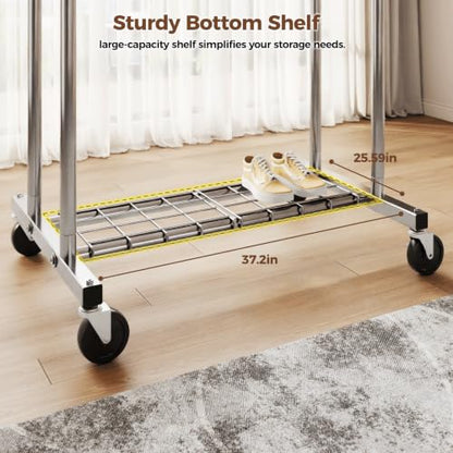 HYSEYY Heavy Duty Clothes Rack, Rolling Clothing Rack for Hanging Clothes with Shelves Load 700LBS,Portable Garment Wardrobe Closet Rack with Wheels for Bedroom,Laundry Room,Retail Store,Silver