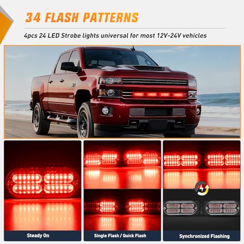 Nilight 4PCS 24LED Red Strobe Light 12V/24V Grille Surface Mount | Hazard Safety Warning Light with Sync Feature for Car Truck Camper Side Marker Aluminum Alloy Base Emergency Lights - color: Red