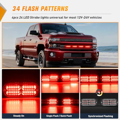 Nilight 4PCS 24LED Red Strobe Light 12V/24V Grille Surface Mount | Hazard Safety Warning Light with Sync Feature for Car Truck Camper Side Marker Aluminum Alloy Base Emergency Lights - color: Red