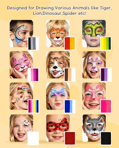 Anka Bella Face Painting Kit for Kids & Adults, Split Cake Water Activated Face Paint Palette with 14 Brushes,Non Toxic Hypoallergenic Washable Face Paint for Drawing Tiger,Lion,Dinosaur,Spider - color: ZooDazzle Palette