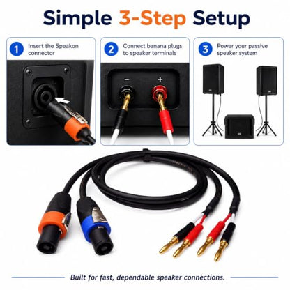 Speakon NL4FX to Banana Plug Speaker Cable 2-Pack, 12AWG 40A Heavy-Duty OFC, Twist-Lock for PA System, Live Sound, Stage, DJ, for QSC, Crown, Yamaha, JBL Amplifier
