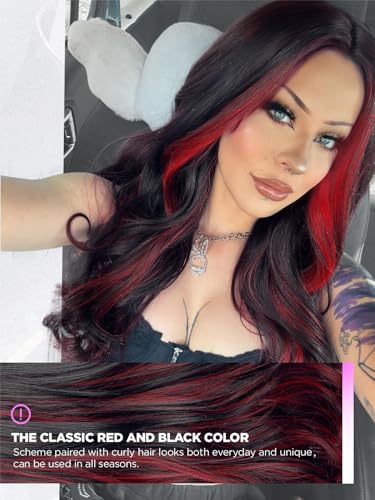 Quantum Love Long Curly Wig for Women Long Wavy Black Mix Red Wigs 28Inch Natural Looking Synthetic Fashion Color Hair for Cosplay Halloween Daily Party Use - color: Mix Red