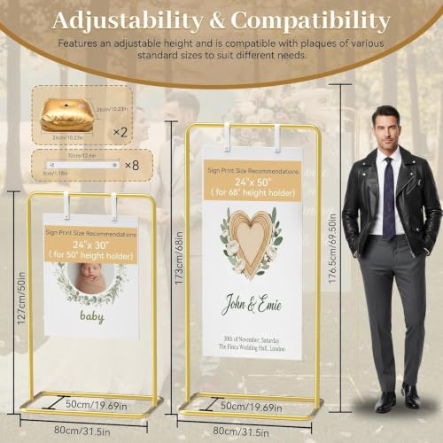 Wedding Welcome Sign Stand, Adjustable 50/68 Inch Metal Sign Holder, Gold | Overall size 68 x 31 x 20 in; ideal for seating charts, bridal showers, baby showers, graduations and ceremony entrances.