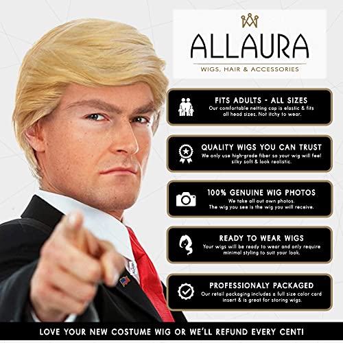 ALLAURA 3pc Donald Costume Kit – Blonde Wig, Red Tie, Flag Pin – Compatible with Pres Donald Wig Halloween Costume for Adults, Couples, Cosplay, Political Events, Parody Outfits, Toupee Wig Look - color: 1-Blonde