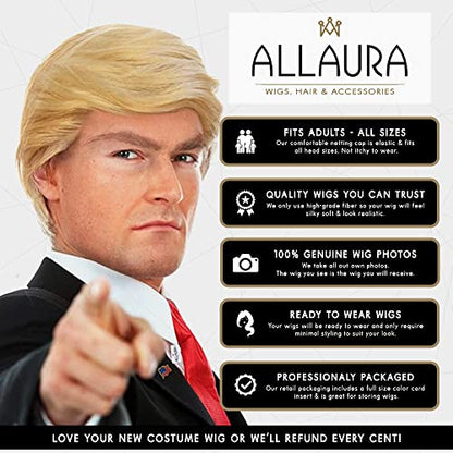 ALLAURA 3pc Donald Costume Kit – Blonde Wig, Red Tie, Flag Pin – Compatible with Pres Donald Wig Halloween Costume for Adults, Couples, Cosplay, Political Events, Parody Outfits, Toupee Wig Look - color: 1-Blonde