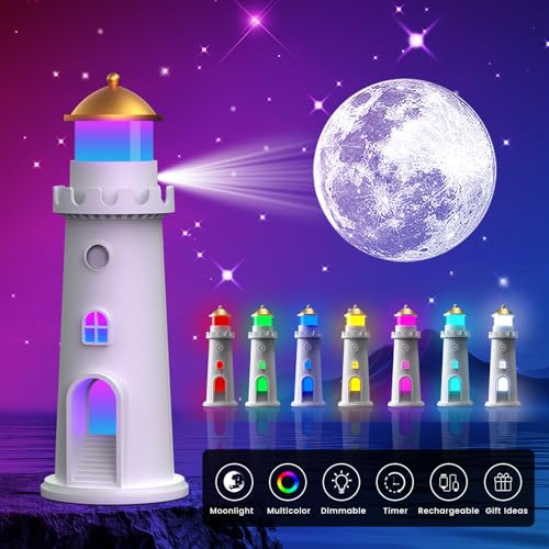 easuntec Moon Projection Night Light Color Changing, Rechargeable Dimmable Timer, RGB Night Light for Bedroom, Nursery, Kids, Adults, Moon Lighthouse Gifts for Girls Boys (RGB)