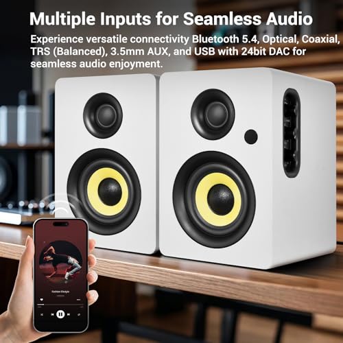 Sanyun SW206 80W 2.0 Active Bookshelf Speakers, Dual-Mode Creator & Music | 4" Carbon Fiber + 25mm Silk Dome, 24bit DAC, 6.35mm TRS Balanced + (Optical/Coaxial/AUX/USB/BT) Inputs, MDF, (Pair, White) - color: White