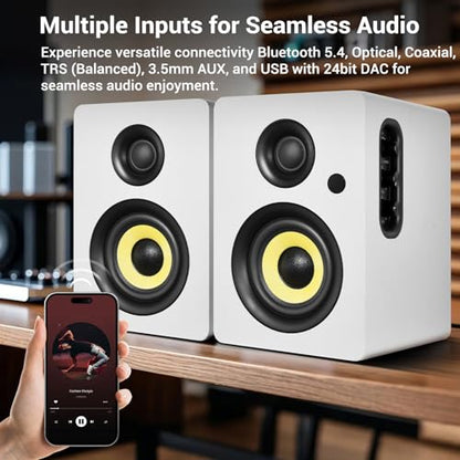 Sanyun SW206 80W 2.0 Active Bookshelf Speakers, Dual-Mode Creator & Music | 4" Carbon Fiber + 25mm Silk Dome, 24bit DAC, 6.35mm TRS Balanced + (Optical/Coaxial/AUX/USB/BT) Inputs, MDF, (Pair, White) - color: White