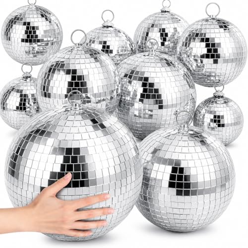 17 Pcs Disco Ball Set, Large & Mini Silver Mirror Balls (12", 8", 6", 4", 3.2"), Reflective Glass Hanging Ornaments for 70s Party, Wedding, Stage Decor, Christmas Tree & New Year Decoration