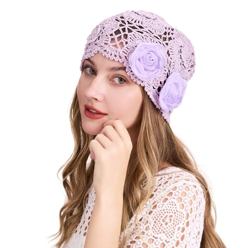 ZLYC Women Cotton Crochet Slouchy Beanie Hat Handmade Knit Summer Skull Cap | Lightweight breathable,boho casual chic look,travel photos festival party,café commute daily wear,beach concert gathering - color: Decorative Flowers Lavender Purple
