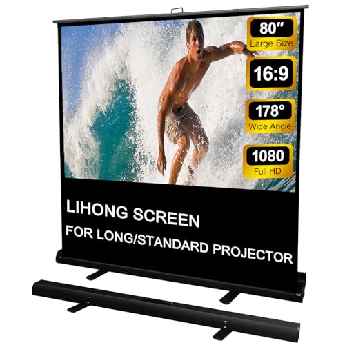 LIHONG Screen 80 inch 16:9 Manual Floor Rising Pull Up Projector Screen Portable Indoor & Outdoor 4K HD Matte White for Long Standard Projection Fast Setup for Home Theater Movies,Classroom,Office - size: 80 Inch/16:9