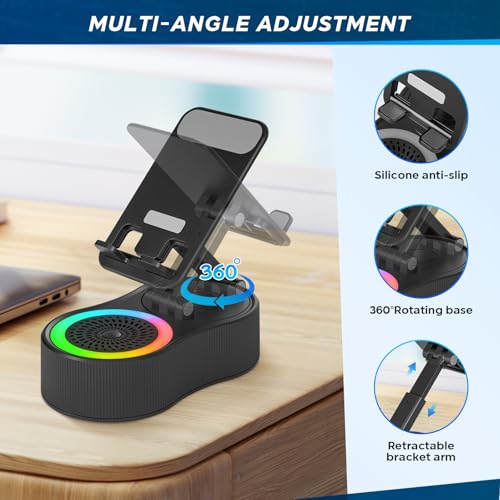 Cell Phone Stand with Bluetooth Speaker - Wireless Bluetooth Speaker with 360° Rotatable Phone Holder, Multifunctional Adjustable Stand with Charging Compatible with Tablet for Home Desk (Black) - color: Black
