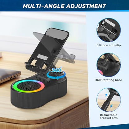 Cell Phone Stand with Bluetooth Speaker - Wireless Bluetooth Speaker with 360° Rotatable Phone Holder, Multifunctional Adjustable Stand with Charging Compatible with Tablet for Home Desk (Black) - color: Black