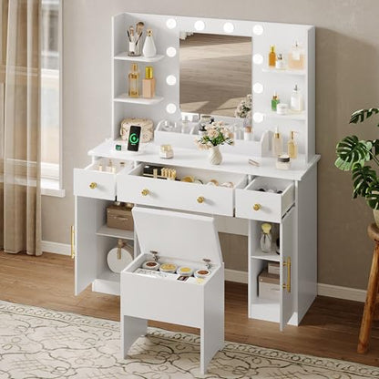 HUANLEGO Vanity Desk with Mirror and Lights, Makeup Vanity with Charging Station & Vanity Stool, 3 Drawers and Cabinets White Vanity Mirror with RGB LED Lights Vanity Desk and Chair for Women | Makeup Vanity Mirror with Lights Desk and Chair, Charging Sta