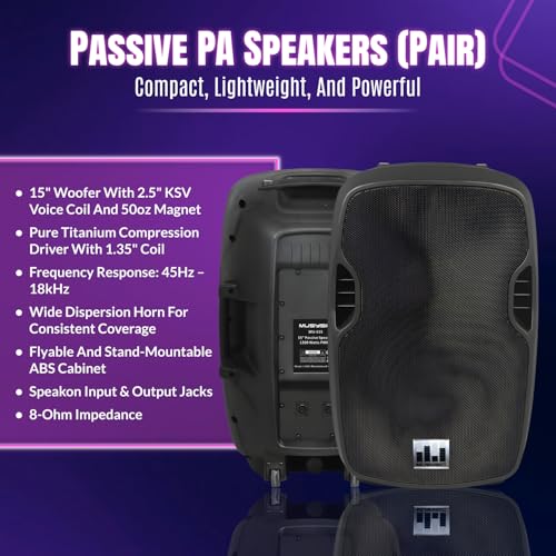 Pa System with Wireless Microphone and Speakers 15 ", 2000W Built-in amp | 6-channel audio mixer, Wireless Dual UHF mic, Tripod Stands and Complete PA kit for DJs, parties and events - size: 15 inch