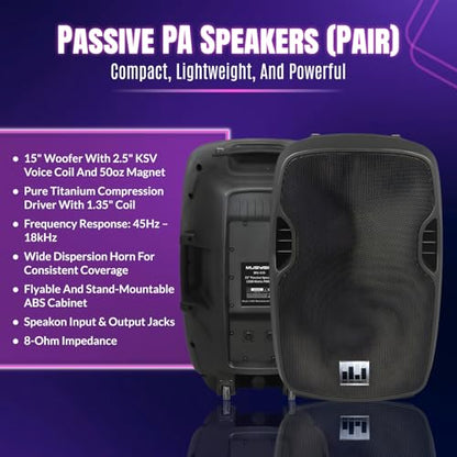 Pa System with Wireless Microphone and Speakers 15 ", 2000W Built-in amp | 6-channel audio mixer, Wireless Dual UHF mic, Tripod Stands and Complete PA kit for DJs, parties and events - size: 15 inch