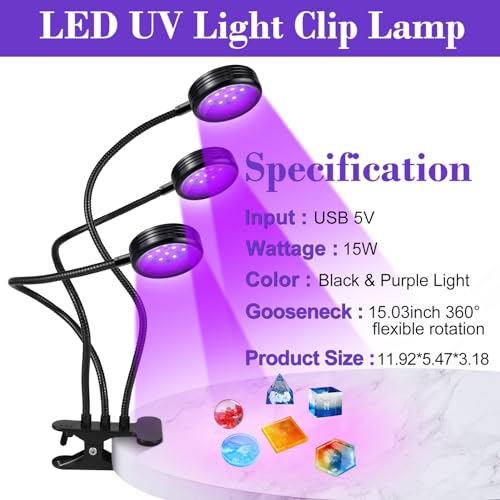 inShareplus 395nm~405nm Dimmable UV Gooseneck Light with USB,15W UV Black Curing Lamp, Clamp Lights with Clip for UV Glue Resin Curing, Gel Nail, Resin Art, Aquarium - color: Round, size: Three head