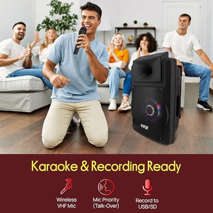 Wireless Portable PA Speaker System - 700 W Battery Powered Rechargeable Sound Speaker and Microphone Set with Bluetooth MP3 USB Micro SD FM Radio AUX 1/4" DJ Lights - for PA/Party - Pyle PSUFM1280B