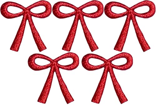Set 5 of Small Cute Mini Ribbin Lovely Tie Bow Hair Rope Kids Children Tiny Decal Decorative Repair Clothing Bags Applique Sew Iron on Embroidered Patches (RIBBIN-01-MINI5) (Red) - color: Red
