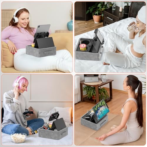 KDD Tablet Pillow Stand, Adjustable iPad Holder for Bed, Lap and Desk with Two Cup Holder and Storage Tray, 360°Rotating Clip Soft Dock Compatible with iPad Pro 12.9, Air, Mini, Phone and E-Reader