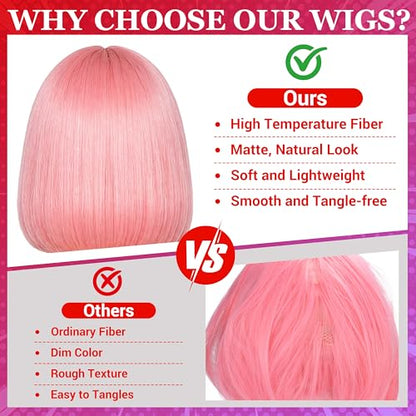 Short Bob Straight Hair Wigs with Bangs, Heat Resistant Fiber Hair, Heart-shaped Glasses for Women (Pink) - color: Pink