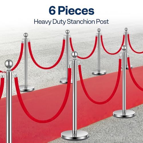 VIVOHOME Silver Stanchions and Velvet Ropes, 5 Feet Ropes and 39 Inch Posts | 6PCS Stainless Steel Post with Water-Fillable Leakproof Base, Red Carpet Poles for Wedding, Prom & VIP Events - color: Sliver