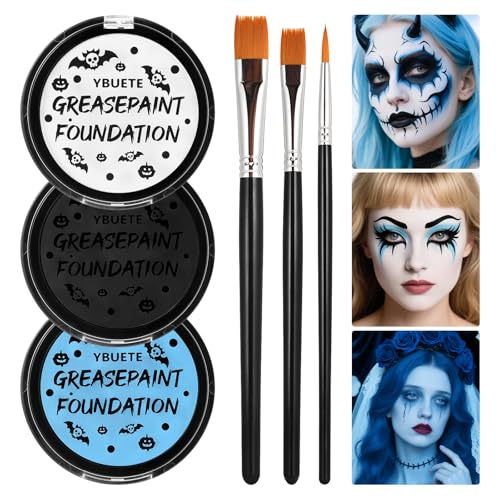 YBUETE Light Blue Black White Oil Based Face Paint Kit with Painting Brushes, Professional Full Coverage Greasepaint for Adults Halloween Cosplay SFX Sally Corpse Bride Makeup Carnival Theater - color: Light Blue+Black+White