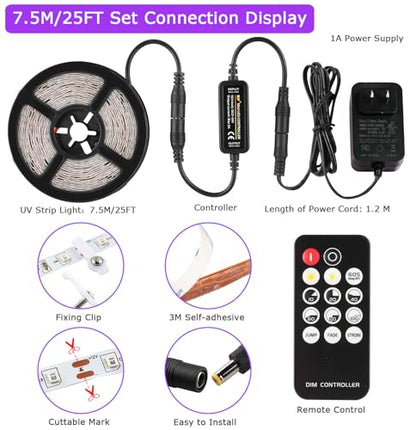 25 Foot Black Light Strips & Remote, Dimmable Flexible Blackights Strip Lights 450 LEDs for Glow Party Body Paint Birthday Bedroom Room Fluorescent Tapestry Poster, Non-Waterproof - size: 7.6 m