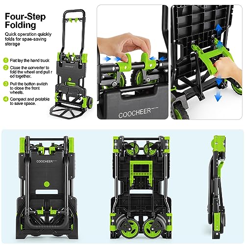 Folding Hand Truck Dolly, 330lb Convertible 4 to 2 Wheel Moving Cart, Green | Dolly Cart with Retractable, Aluminum Alloy & Cast Iron Build, Nylon Wheels,Compact Fold,for Moving,Office,Delivery,Outdoor - size: 330LB Green