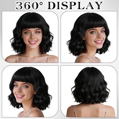 Black Wavy Bob Wig with Heart Glasses for Women, Neon Party Hair Replacement Curly Synthetic Wigs Shoulder Length Hair with Hair Cap for Costume Cosplay Bachelorette Party Birthday Fashion Show - color: Black